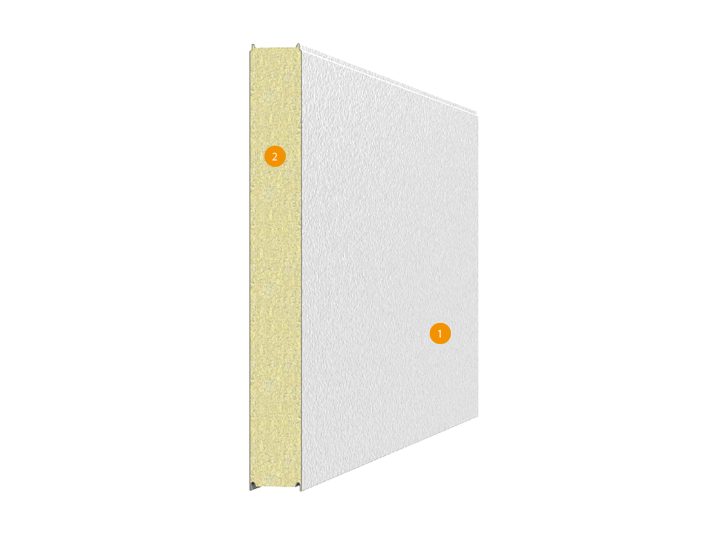 Polotno raspashnykh garazhnykh vorot sostoit iz stenovykh sendvich-panelей shirinoi 1190 mm s utepliteliem iz mineral'noi vatы. Konstruktsiya paneli: 1) otsinkovannyi stal'noi list tolkshchinoi 0,5 mm; 2) mineral'vatnaia prosloika plotnost'yu 130 kg/m³.